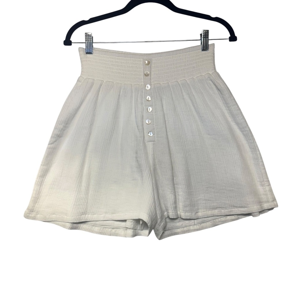 Sundance White Cotton Gauze Smocked Waist Button Front Shorts Womens Size Medium